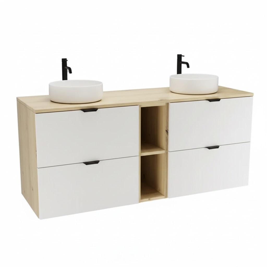 Set mobilier baie Orio Alb/Stejar Artizanal de 140 cm, cu 2 dulapuri, 4 sertare SOFT-CLOSE, raft lateral și blat