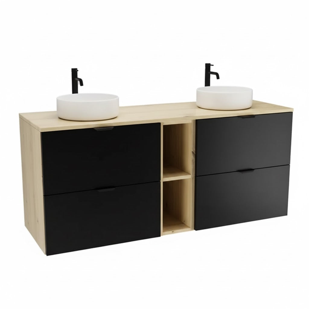 Set mobilier baie Orio Negru/Stejar Artizanal de 140 cm, cu 2 dulapuri, 4 sertare SOFT-CLOSE, raft lateral și blat