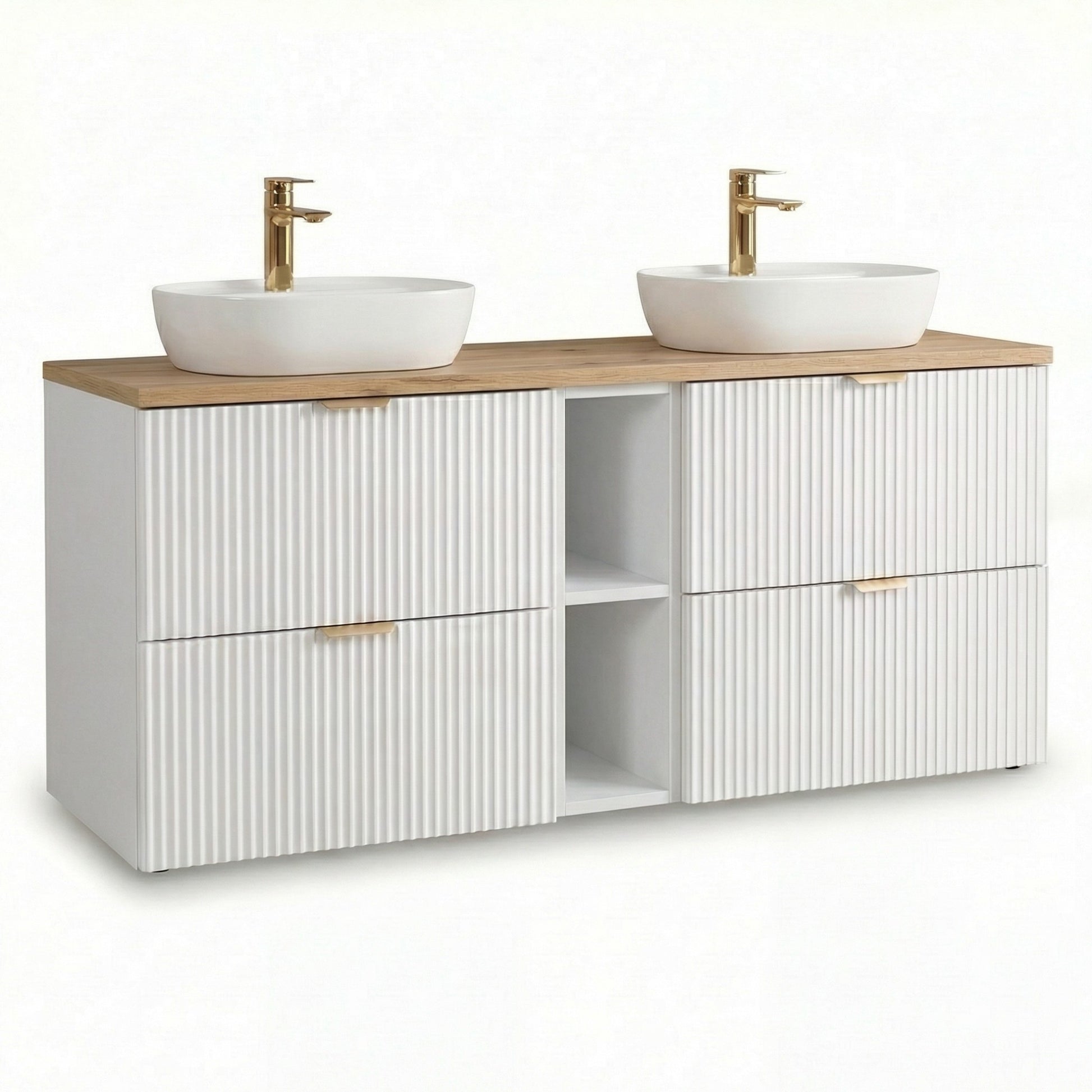 Set mobilier baie Willy Alb/Nuc cu dulap pentru lavoar de 140 cm, 4 sertare și raft lateral