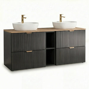 Set mobilier baie Willy Negru/Nuc cu dulap pentru lavoar de 140 cm, 4 sertare și raft lateral
