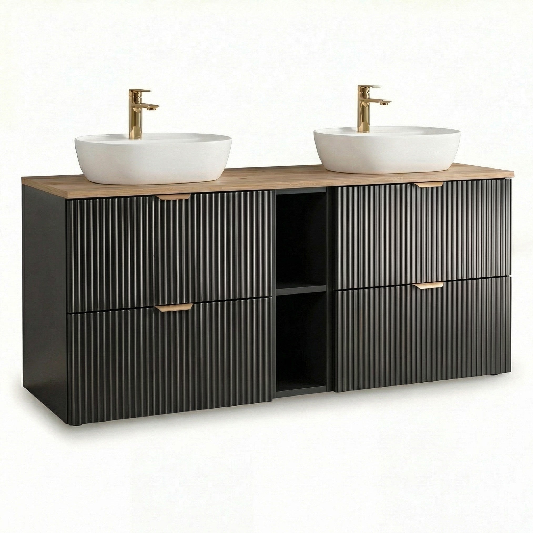 Set mobilier baie Willy Negru/Nuc cu dulap pentru lavoar de 140 cm, 4 sertare și raft lateral