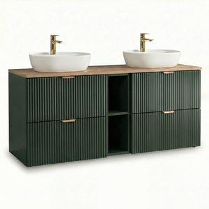 Set mobilier baie Willy Verde/Nuc cu dulap pentru lavoar de 140 cm, 4 sertare și raft lateral