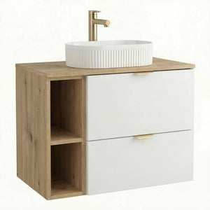 Set mobilier baie Orio Alb/Stejar Artizanal de 80 cm, cu dulap pentru lavoar cu 2 sertare, raft lateral și blat