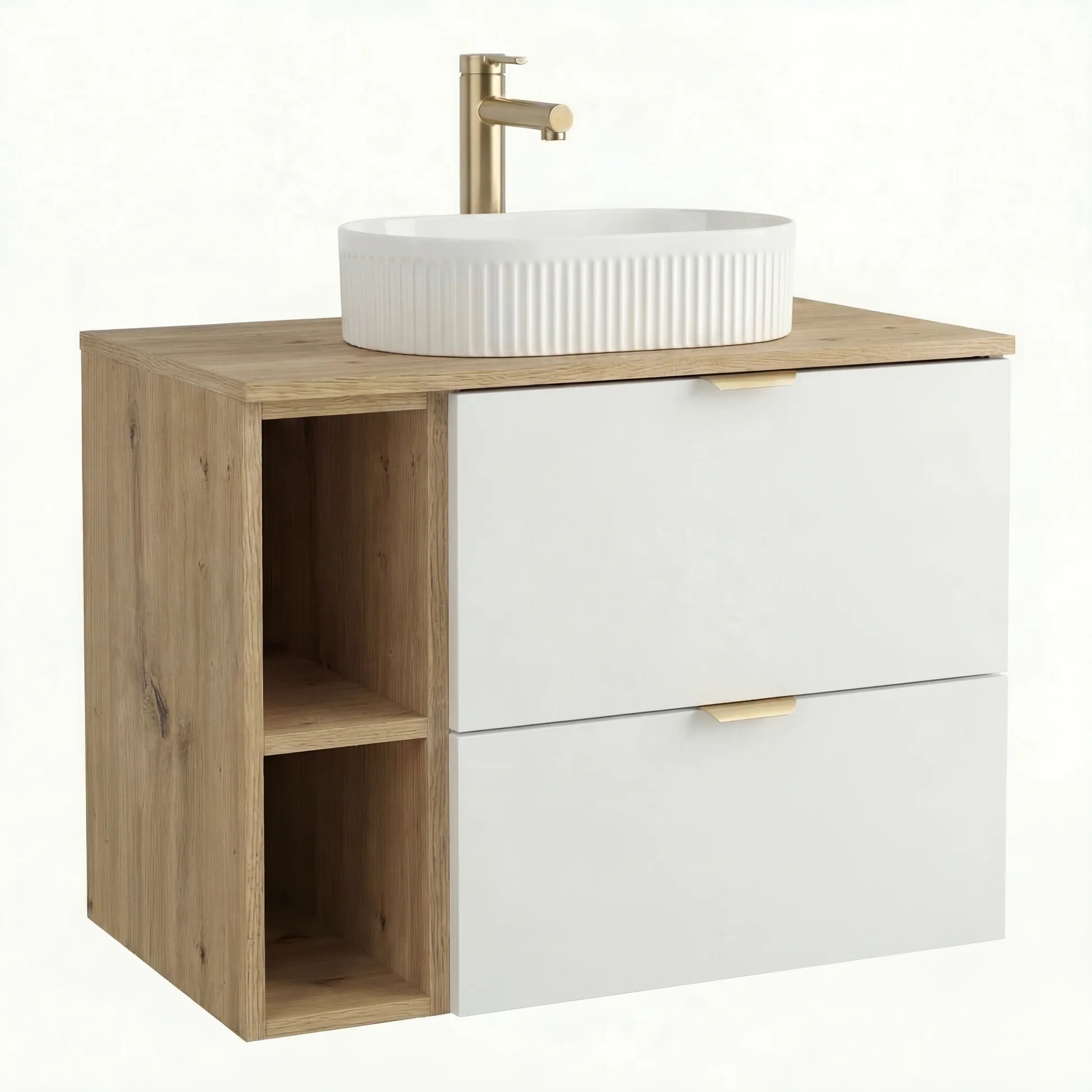 Set mobilier baie Orio Alb/Stejar Artizanal de 80 cm, cu dulap pentru lavoar cu 2 sertare, raft lateral și blat