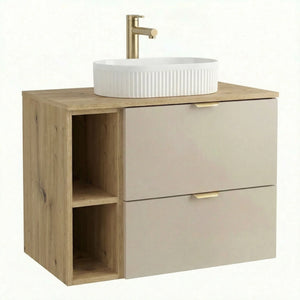 Set mobilier baie Orio Casmir/Stejar Artizanal de 80 cm, cu dulap pentru lavoar cu 2 sertare, raft lateral și blat
