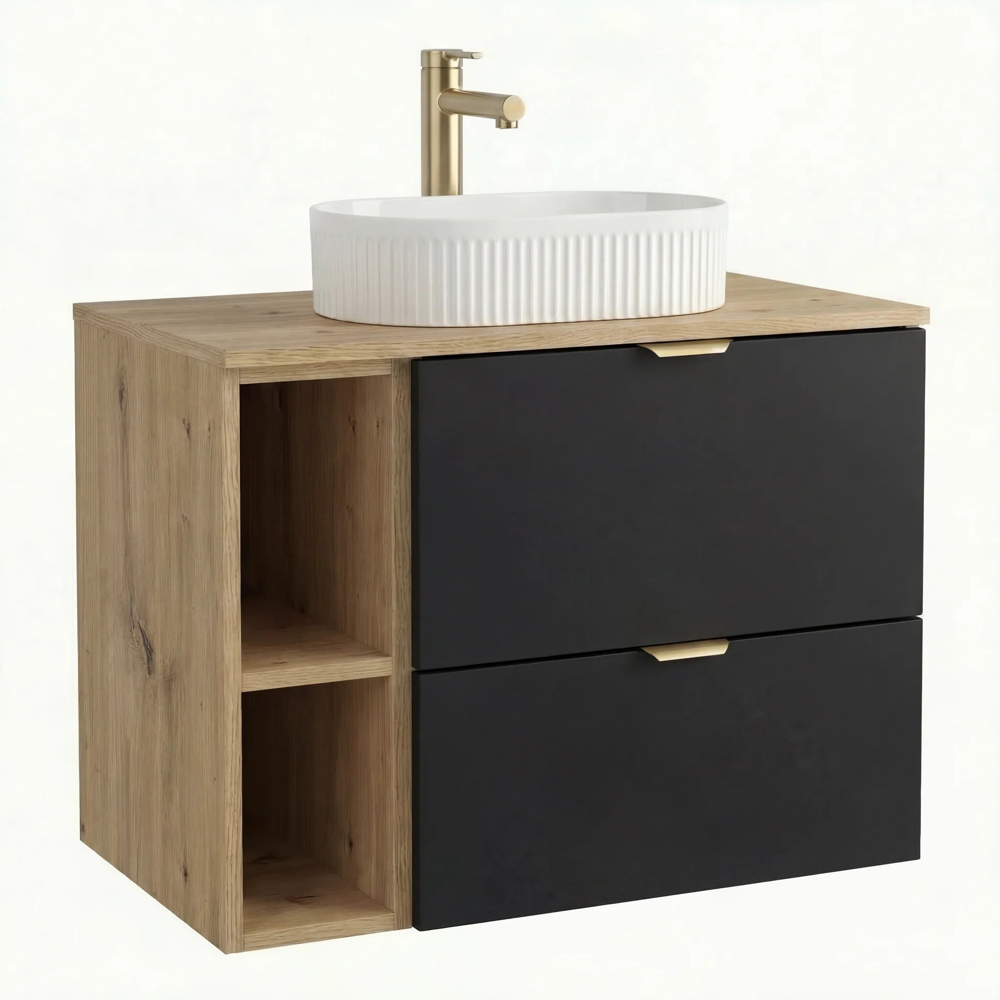 Set mobilier baie Orio Negru/Stejar Artizanal de 80 cm, cu dulap pentru lavoar cu 2 sertare, raft lateral și blat