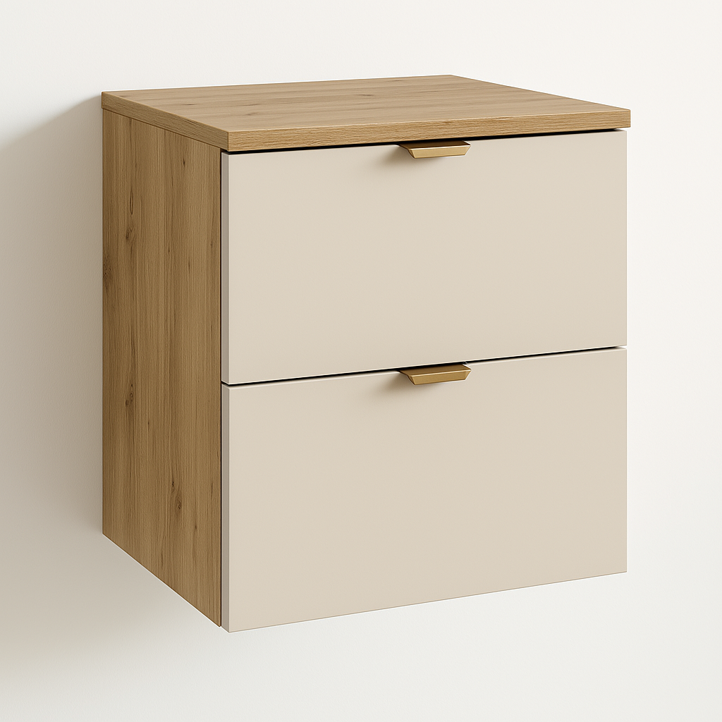 Dulap lavoar Orio 60 cm Cașmir/Stejar Artizanal – fronturi netede, sertare Soft-Close, design compact și elegant.