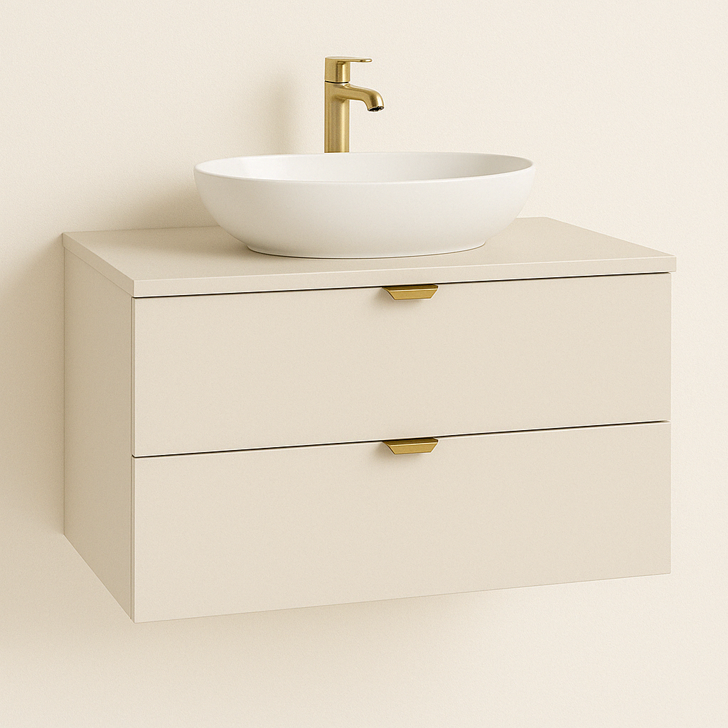 Dulap pentru lavoar Orio 80 cm Casmir cu fronturi netede, 2 sertare Soft-Close și blat inclus – mobilier elegant și practic pentru baie.