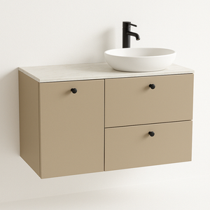 Dulap lavoar 100 cm Cappuccino cu blat Marmura Albă, 2 sertare SOFT-CLOSE și coș de rufe integrat.