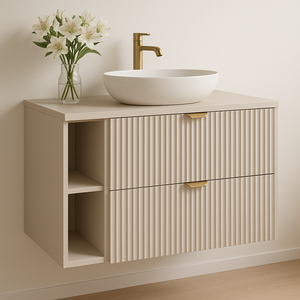 Dulap pentru lavoar Willy 100 cm complet în culoare Cașmir cu fronturi striate – mobilier modern și spațios pentru baie.