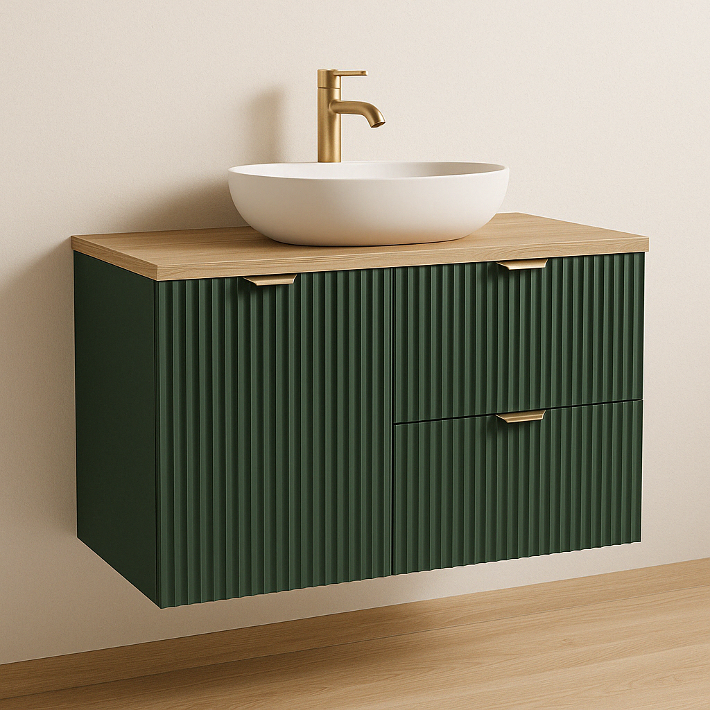 Dulap lavoar Willy 100 cm Salvie cu blat Nuc, fronturi riflate, mânere aurii, sertare SOFT-CLOSE și coș de rufe integrat – soluție practică și elegantă.