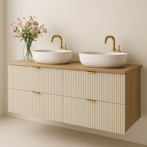 Dulap pentru lavoar Willy 120 cm Cașmir/Nuc cu fronturi striate – mobilier de baie modern, elegant și spațios.