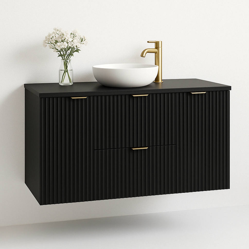 Dulap pentru lavoar 120 cm Willy Negru cu fronturi striate, sertare Soft-Close și uși laterale – mobilier modern și spațios pentru baie.