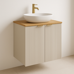 Dulap pentru lavoar Willy 60 cm Cașmir, Nuc top – mobilier suspendat cu fronturi striate, blat din nuc și spațiu de depozitare cu două uși.