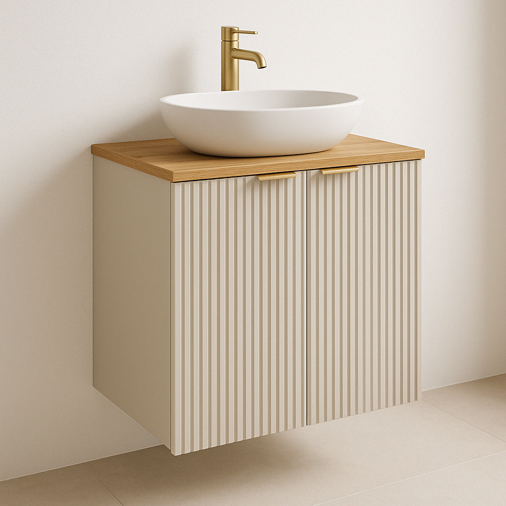 Dulap pentru lavoar Willy 60 cm Cașmir, Nuc top – mobilier suspendat cu fronturi striate, blat din nuc și spațiu de depozitare cu două uși.