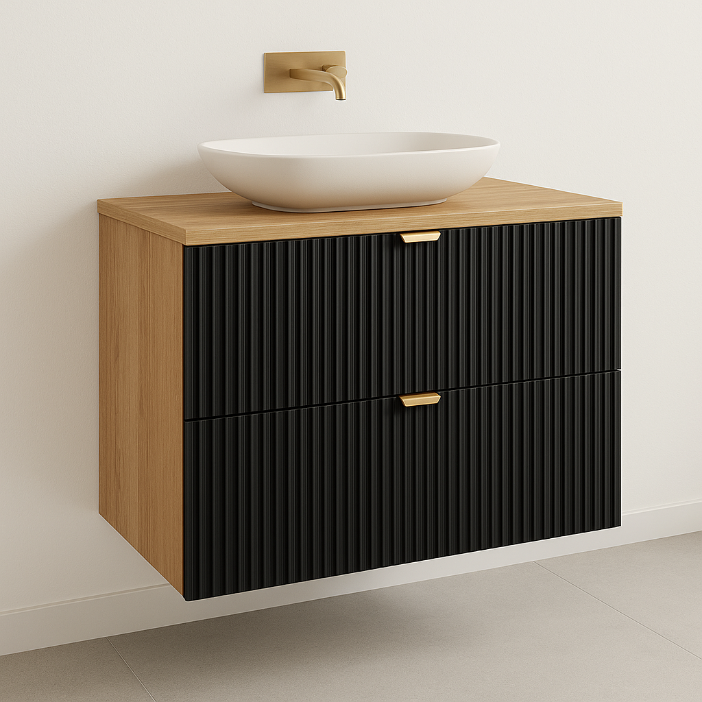 Dulap pentru lavoar Willy 80 cm negru/nuc – mobilier modern, elegant și funcțional, cu sertare încăpătoare și accente calde de nuc.