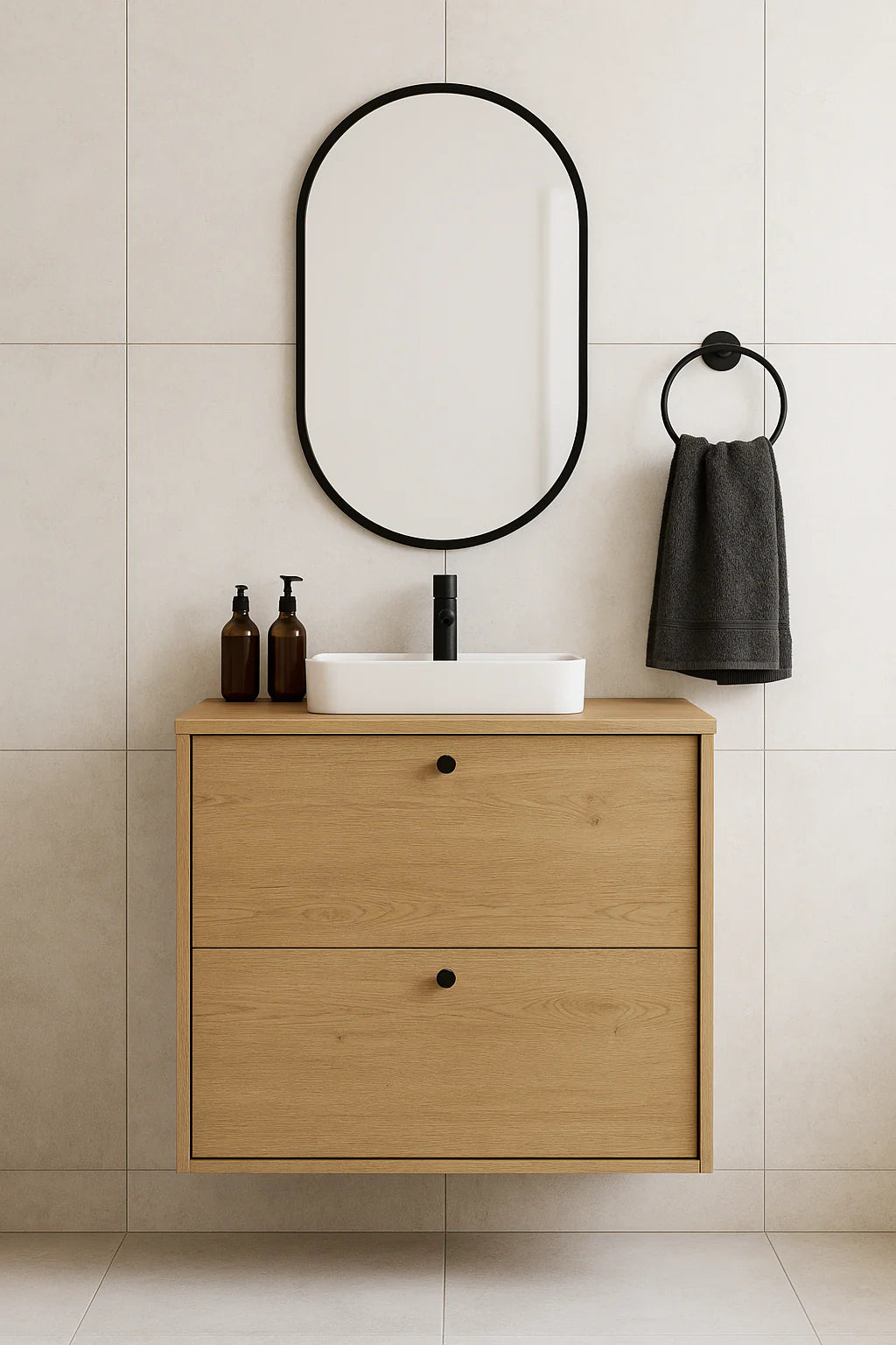 Dulap pentru lavoar 60 cm, cu 2 sertare, fronturi netede Belino - Stejar Cremona