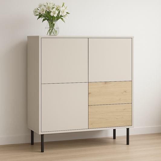 Comodă înaltă Lola Cășmir/Stejar Artizanal cu 3 uși, 2 sertare și picioare metalice negre, ideală pentru living, sufragerie sau hol.