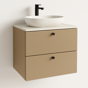 Dulap lavoar 60 cm Cappuccino cu blat Marmura Albă, 2 sertare SOFT-CLOSE și fronturi netede.