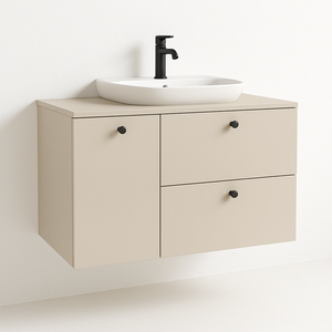 Dulap lavoar Beti 100 cm Casmir cu blat inclus, 2 sertare SOFT-CLOSE și coș de rufe integrat, design modern și funcțional.