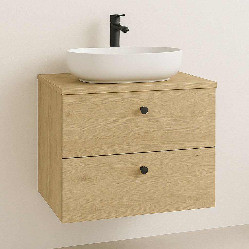 Dulap lavoar 60 cm Stejar Cremona cu 2 sertare SOFT-CLOSE și blat pentru lavoar, design modern și fronturi netede.