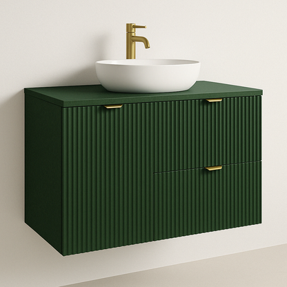 Dulap lavoar Willy 100 cm Salvie cu coș de rufe, sertare SOFT-CLOSE, fronturi riflate și mânere aurii – design modern și spațiu de depozitare generos.