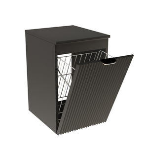 Dulap de baie Willy 40 cm negru cu coș de rufe integrat, front striat și mâner metalic auriu.