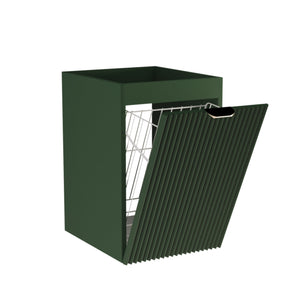 Dulap de baie Willy 40 cm Verde Salvie cu coș de rufe integrat, front striat și mâner metalic auriu.