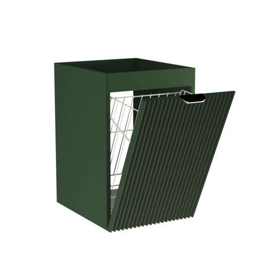 Dulap de baie Willy 40 cm Verde Salvie cu coș de rufe integrat, front striat și mâner metalic auriu.