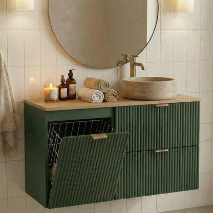 Dulap pentru lavoar 100 cm, cu cos de rufe, fronturi canelate Willy - Verde, Nuc top