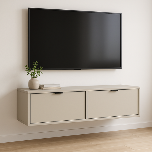 Dulap TV suspendat Aura 140 cm cu fronturi netede, finisaj Casmir, oferă depozitare practică și un aspect modern, rafinat și elegant.