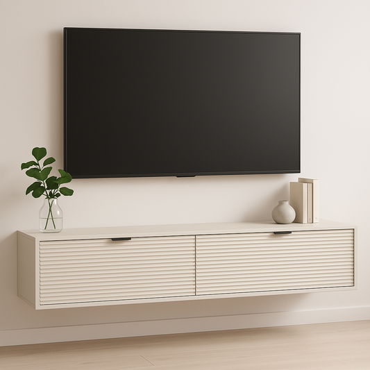 Dulap TV suspendat Aura 140 cm cu fronturi canelate, finisaj Casmir, oferă depozitare practică și un aspect modern, elegant și rafinat.