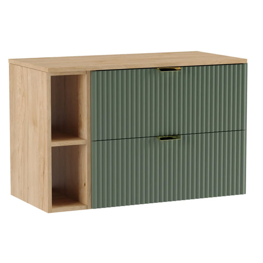 Dulap pentru lavoar Willy 100 cm verde salvie cu blat și raft din nuc și fronturi striate – mobilier modern și spațios pentru baie.