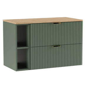 Dulap pentru lavoar Willy 100 cm verde salvie cu blat din nuc – mobilier modern, elegant și spațios pentru baie.