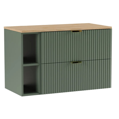 Dulap pentru lavoar Willy 100 cm verde salvie cu blat din nuc – mobilier modern, elegant și spațios pentru baie.