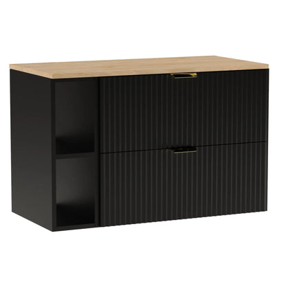Dulap pentru lavoar Willy 100 cm negru cu blat din nuc – mobilier modern pentru baie, elegant și spațios.
