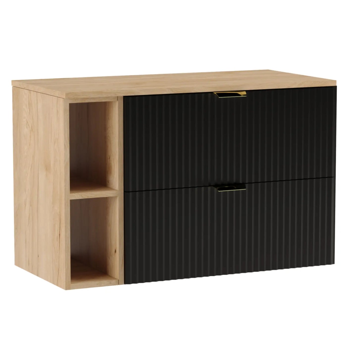 Dulap pentru lavoar Willy 100 cm negru cu blat și raft din nuc – mobilier modern cu 2 sertare spațioase pentru baie.