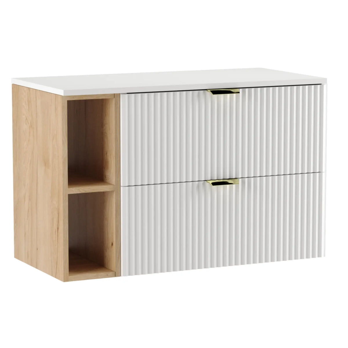 Dulap pentru lavoar Willy 100 cm alb cu blat alb și raft din nuc – mobilier de baie elegant, modern și funcțional.