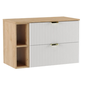 Dulap pentru lavoar Willy 100 cm alb cu blat și raft din nuc, fronturi striate și mânere aurii – mobilier modern și luxos pentru baie.