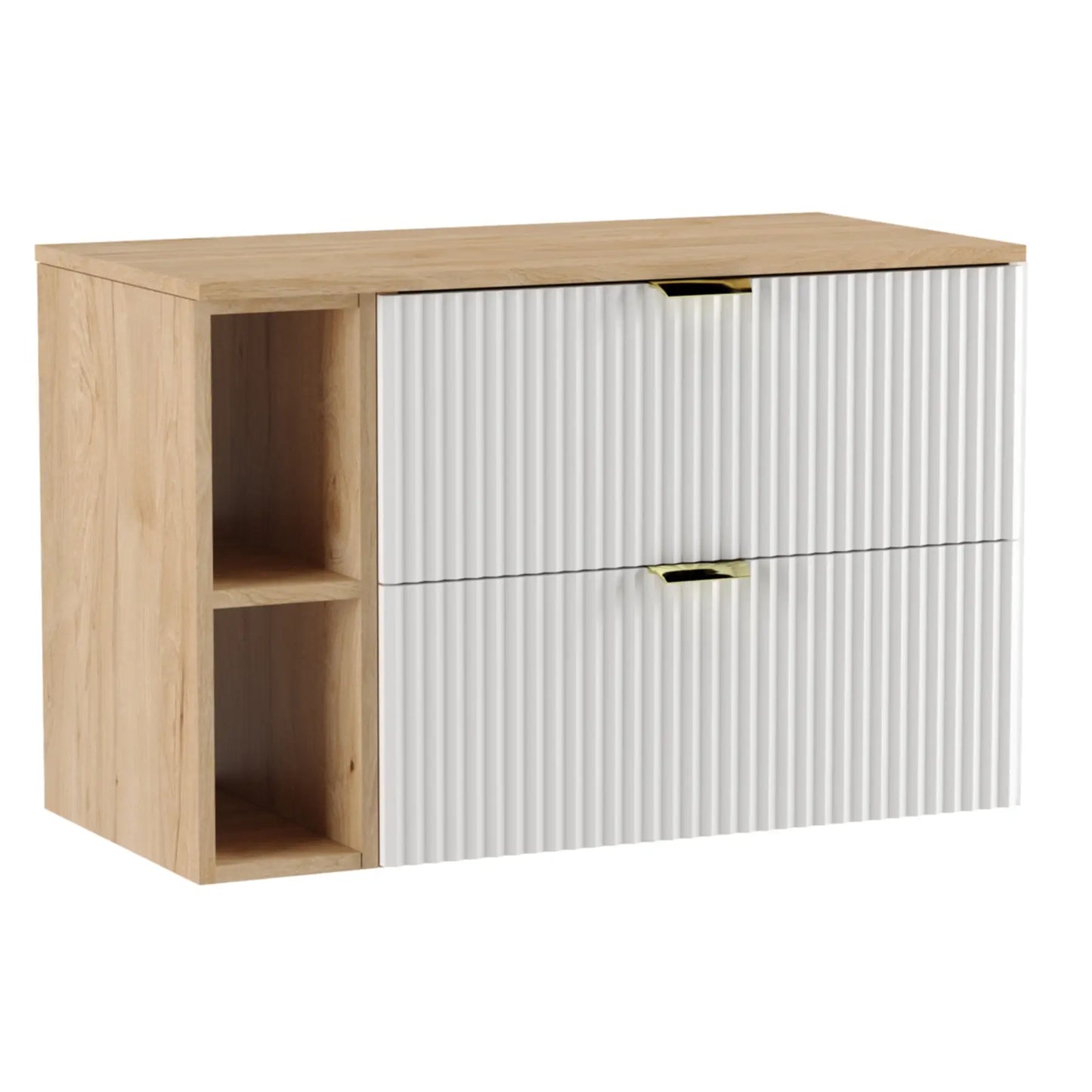 Dulap pentru lavoar Willy 100 cm alb cu blat și raft din nuc, fronturi striate și mânere aurii – mobilier modern și luxos pentru baie.