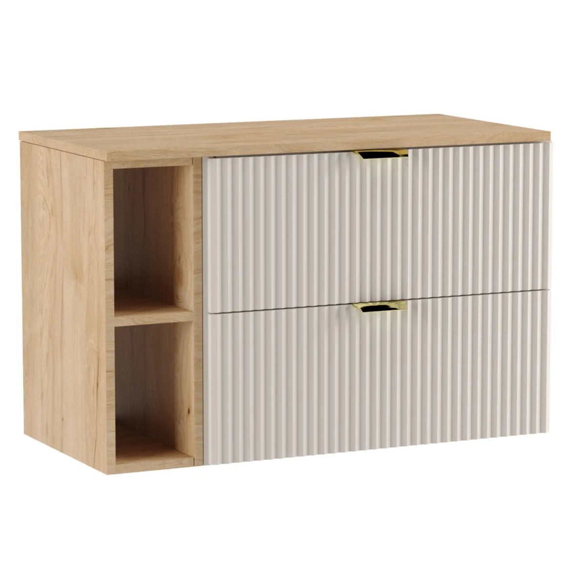 Waschtischunterschrank Willy, 100 cm, in Kaschmir mit integriertem Regal und Walnussplatte für zusätzlichen Stauraum.