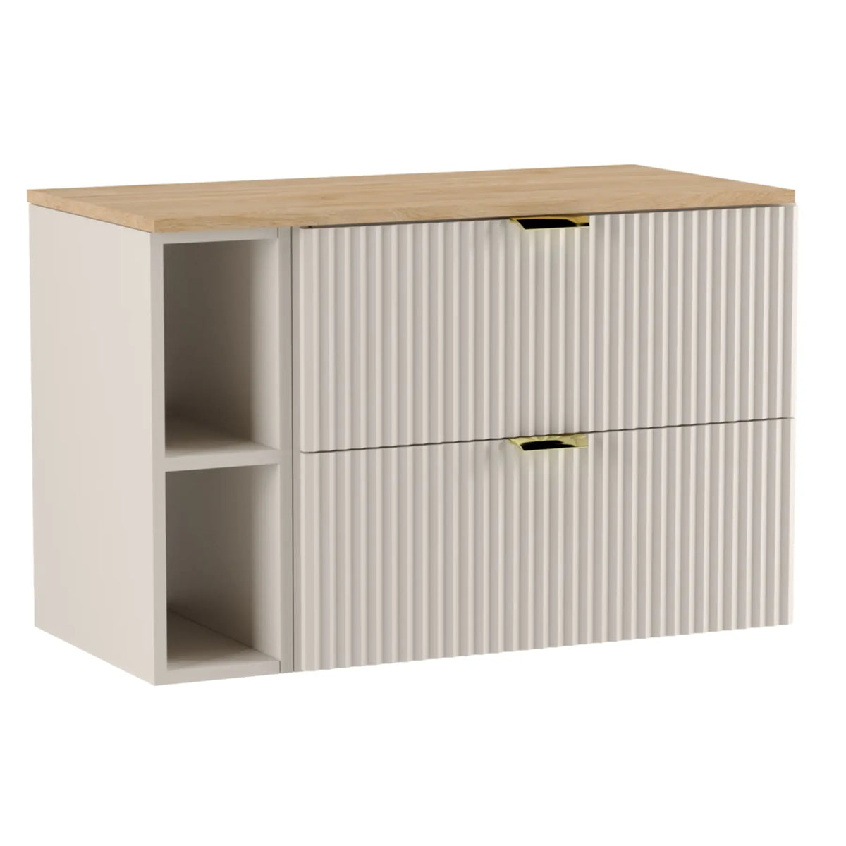 Waschtischunterschrank Willy, 100 cm breit, in Kaschmir mit Walnussplatte für modernes Badezimmerdesign.
