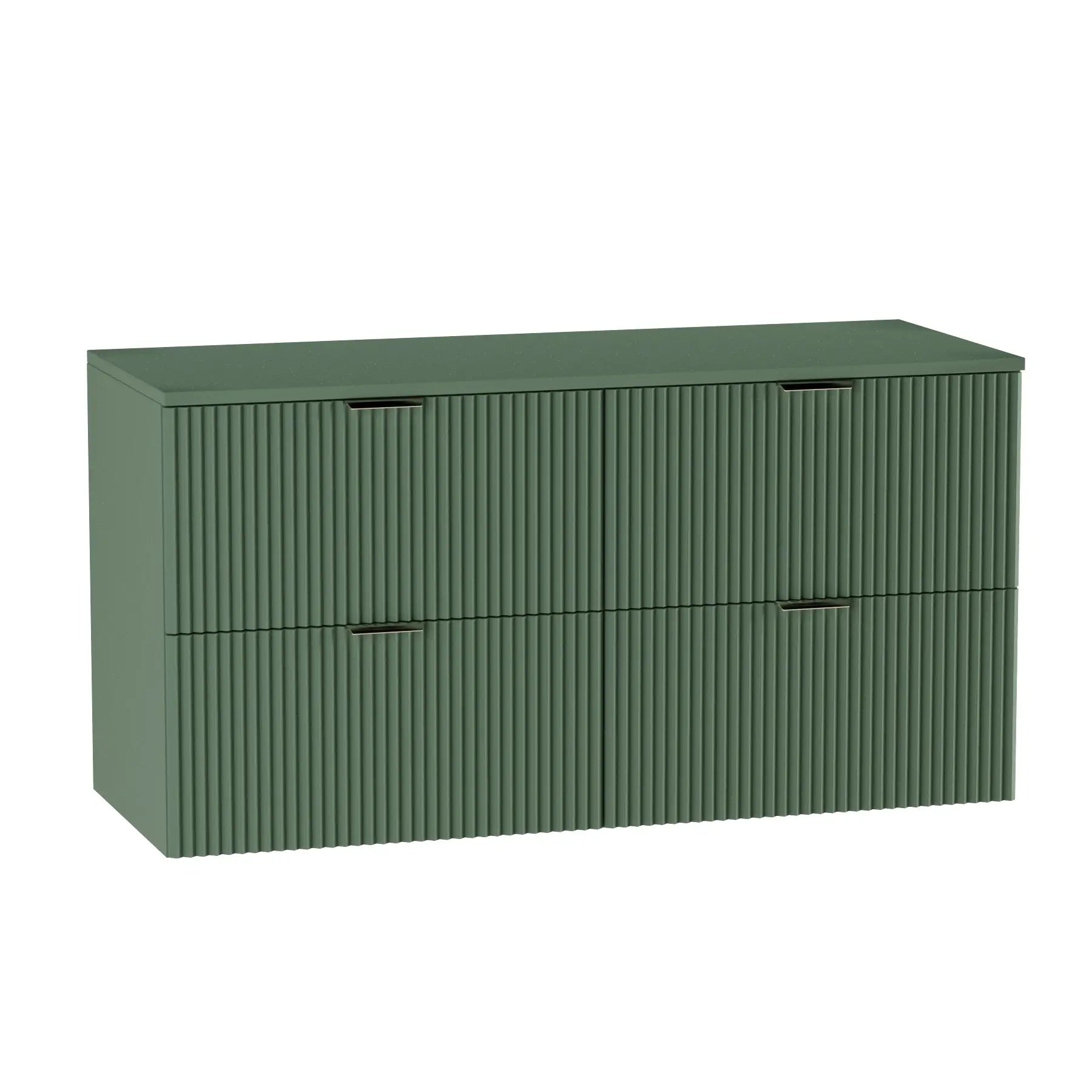 Dulap pentru lavoar Willy 120 cm verde salvie cu 4 sertare și fronturi striate – mobilier modern și spațios pentru baie.