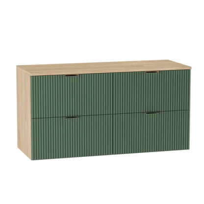Dulap pentru lavoar Willy 120 cm verde salvie cu 4 sertare și accente din nuc – mobilier modern și spațios pentru baie.