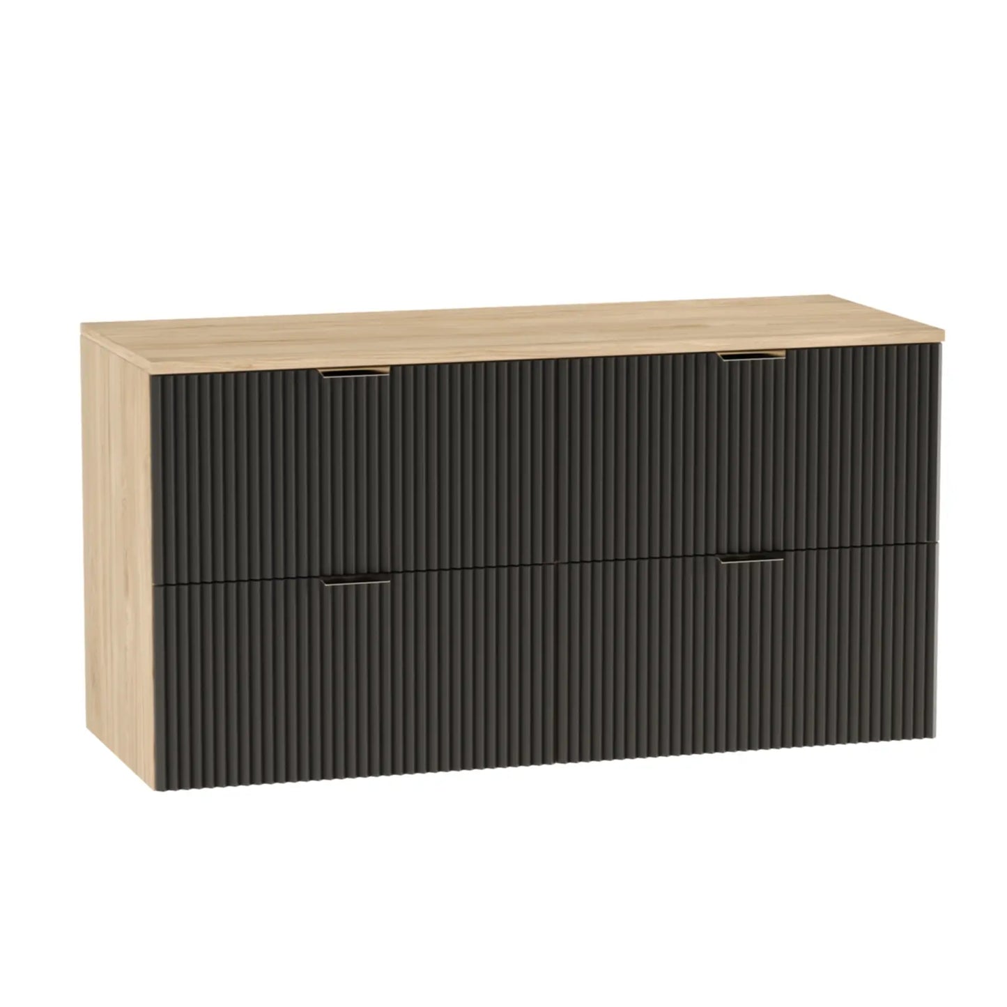 Dulap pentru lavoar Willy 120 cm negru/nuc cu fronturi striate – mobilier de baie modern, elegant și spațios.