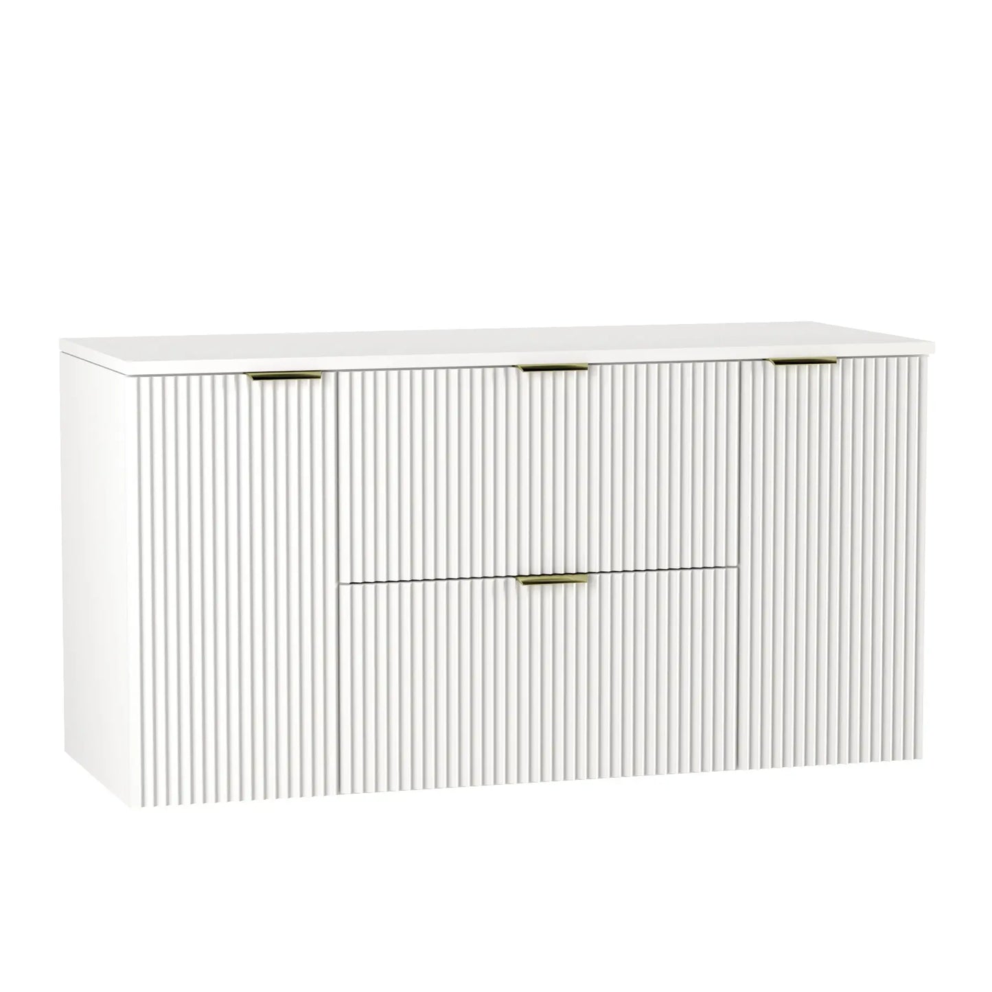 Praktischer Waschtischunterschrank Willy, 120 cm breit, in Weiß, mit mehreren Schubladen und Türen.