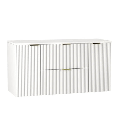 Praktischer Waschtischunterschrank Willy, 120 cm breit, in Weiß, mit mehreren Schubladen und Türen.