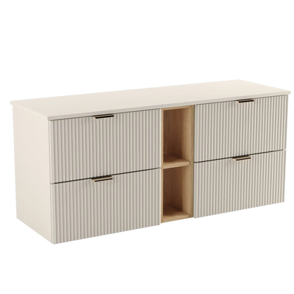 Dulap pentru lavoar Willy 140 cm Cașmir cu raft din Nuc – mobilier de baie modern, elegant și spațios.