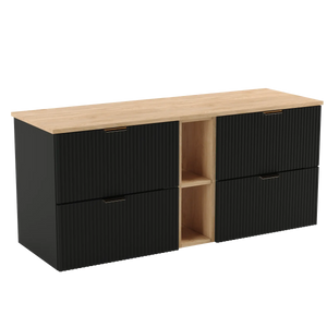Dulap pentru lavoar Willy 140 cm negru cu blat din nuc și fronturi striate – mobilier modern cu spațiu mare de depozitare.