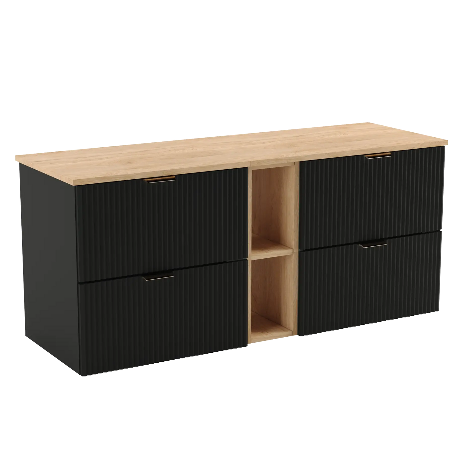 Dulap pentru lavoar Willy 140 cm negru cu blat din nuc și fronturi striate – mobilier modern cu spațiu mare de depozitare.